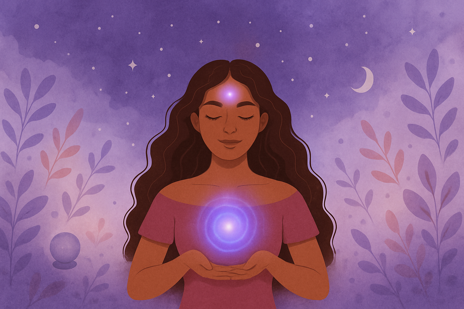Illustration of a woman with closed eyes under a violet starry sky, a point of light at her brow and a glowing orb cradled in her hands