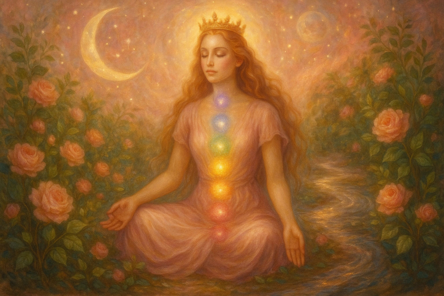 Painting of a crowned woman with closed eyes seated in golden light