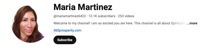 Screenshot of Maria Martinez’s YouTube channel header, @mariamartinez6423, 13.1K subscribers, 253 videos