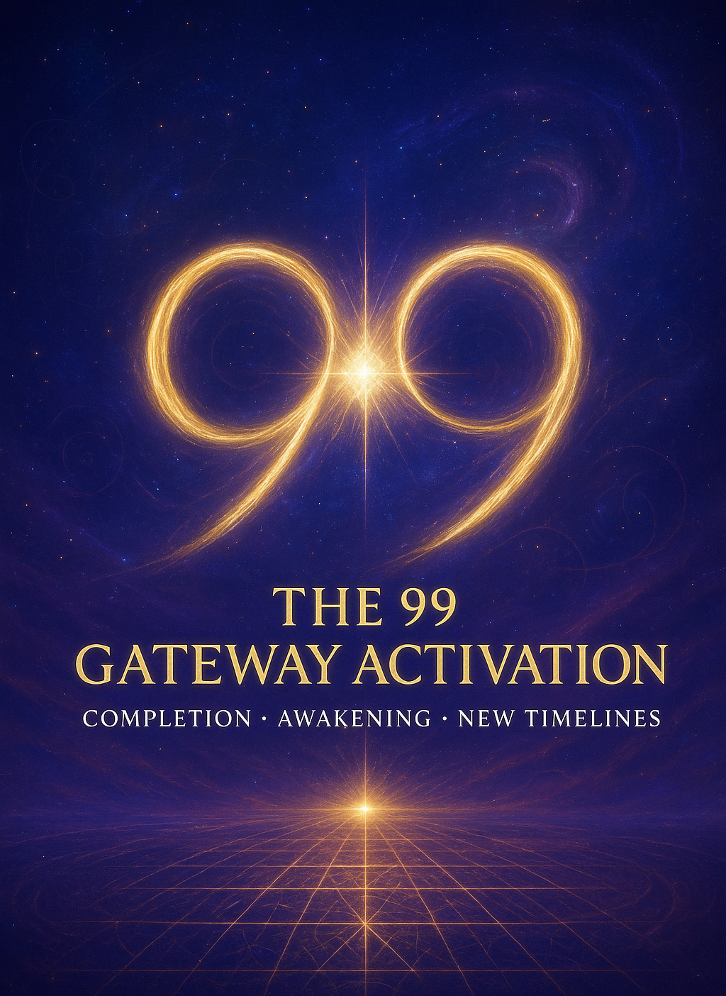 Flyer: The 99 Gateway Activation - Completion, Awakening, New Timelines, with a golden 99 symbol on a starfield