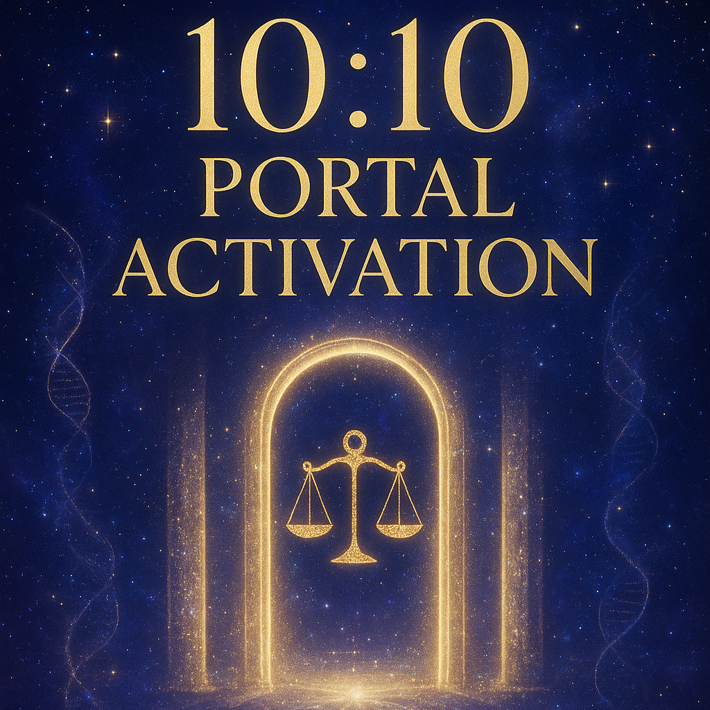 Flyer: 10:10 Portal Activation, with a golden archway and scales on a starfield