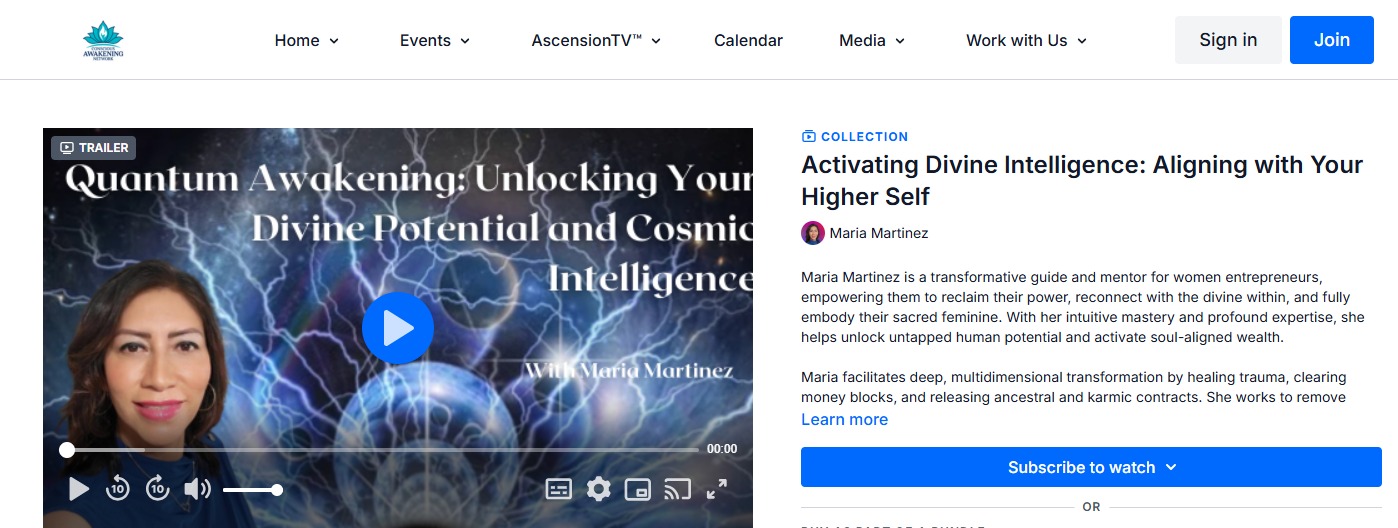 Screenshot of AscensionTV.com showing the Quantum Awakening trailer with Maria Martinez