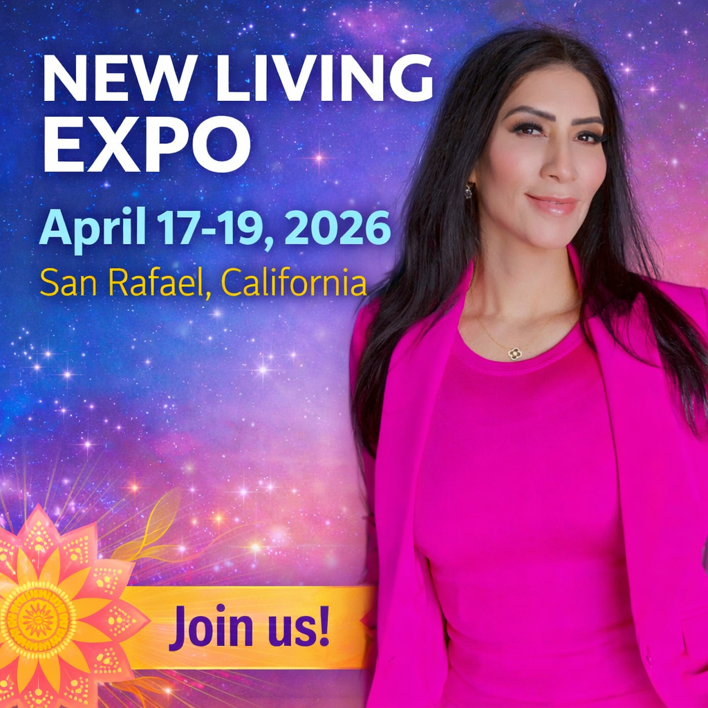 Flyer: New Living Expo, April 17-19, 2026, San Rafael, California - Join us! with a photo of Maria Martinez