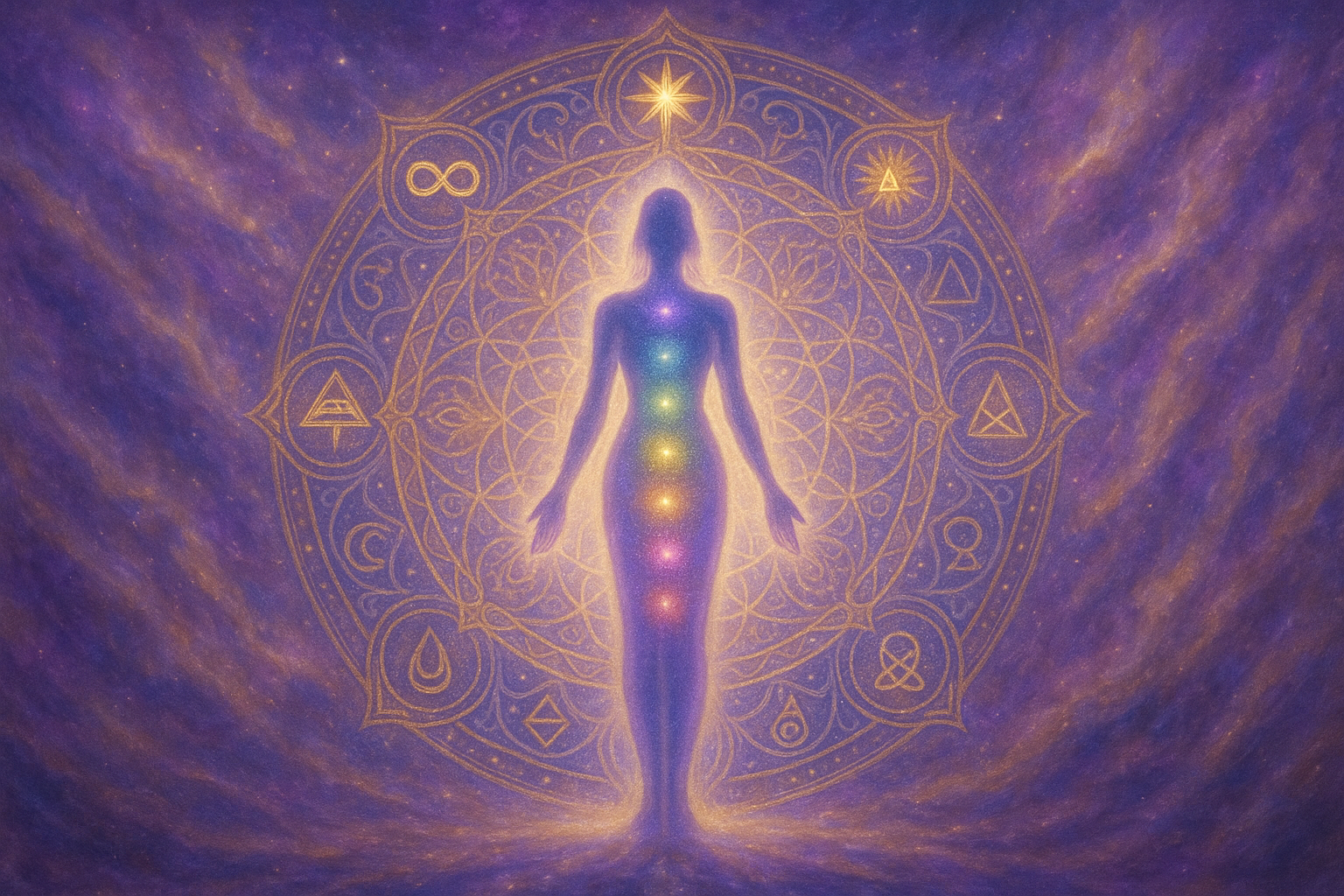 Cosmic violet and gold backdrop with a silhouetted human figure whose chakra centres glow along the spine
