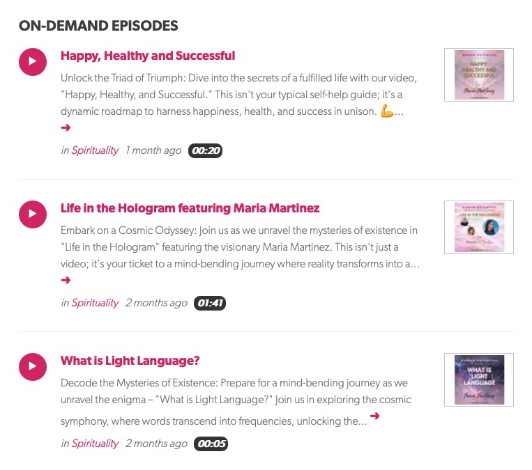Screenshot of the BlogTalkRadio on-demand episode list: Happy, Healthy and Successful; Life in the Hologram featuring Maria Martinez; What is Light Language?