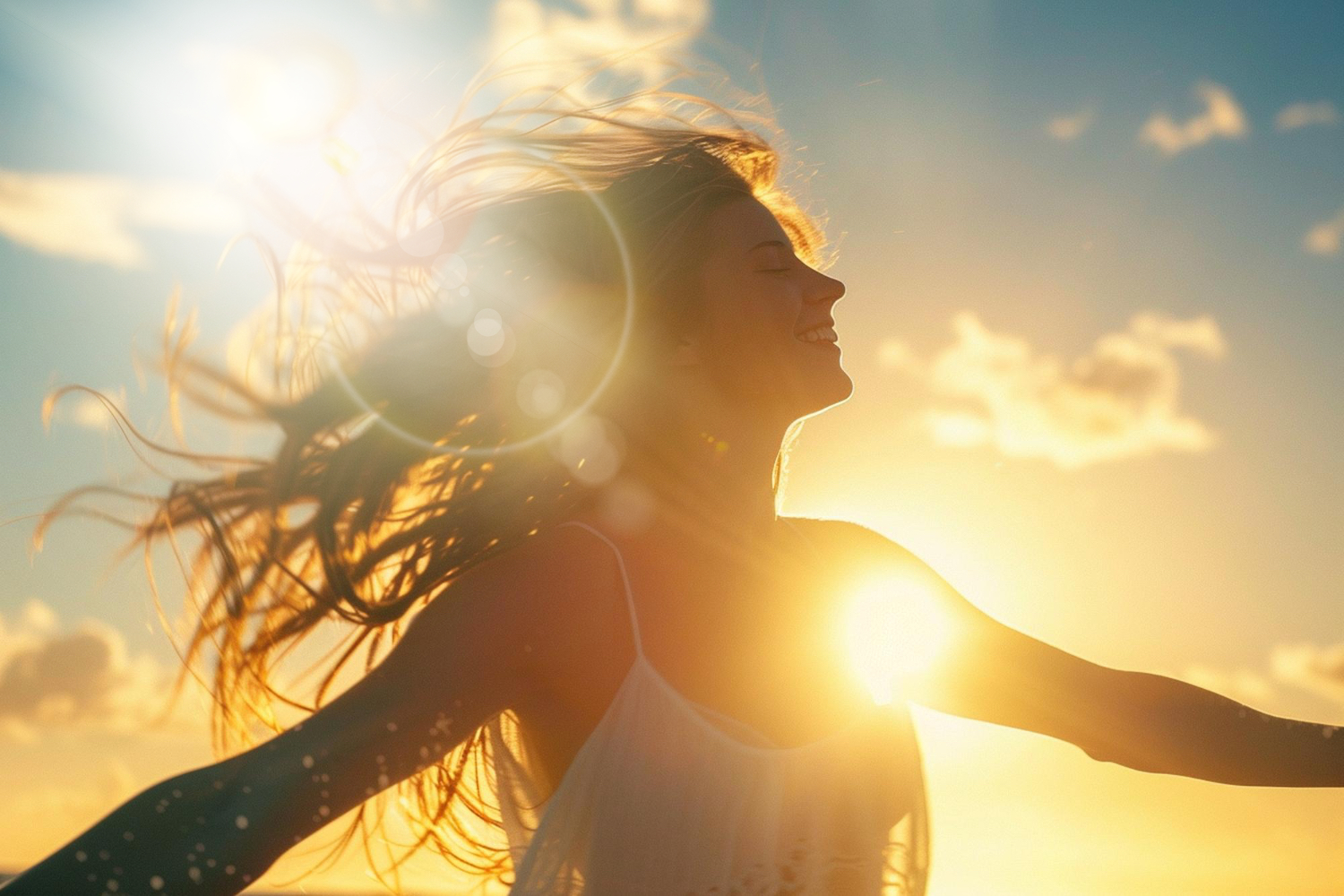 Silhouette of a woman with outstretched arms and flowing hair against a sunrise