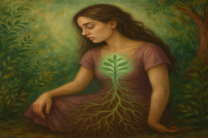 Painting of a woman seated among green foliage, a glowing sapling and its roots spreading across her dress