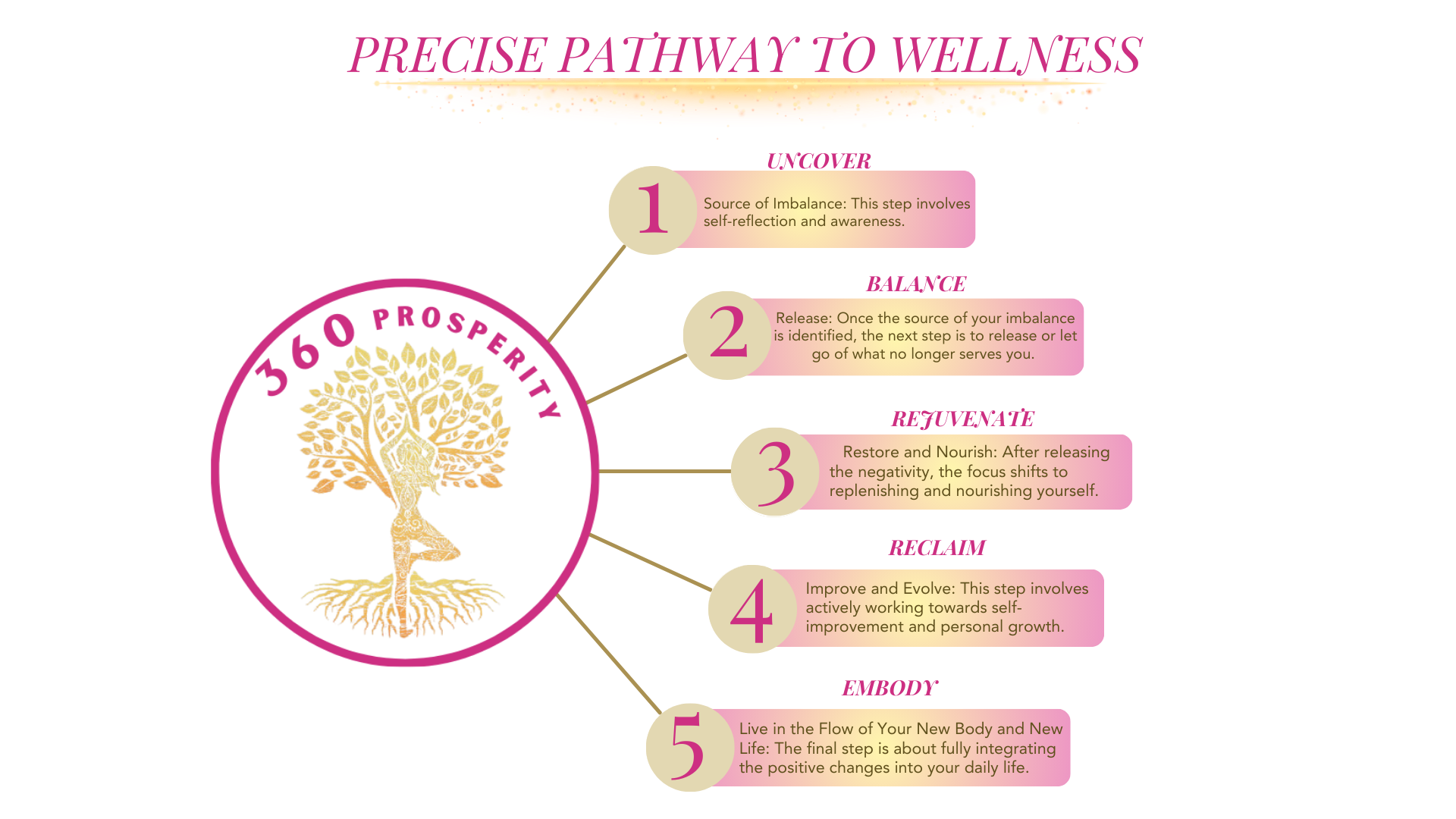PRECISE PATHWAY TO WELLNESS diagram: the 360 Prosperity tree emblem linked to five numbered steps - Uncover, Balance, Rejuvenate, Reclaim, Embody