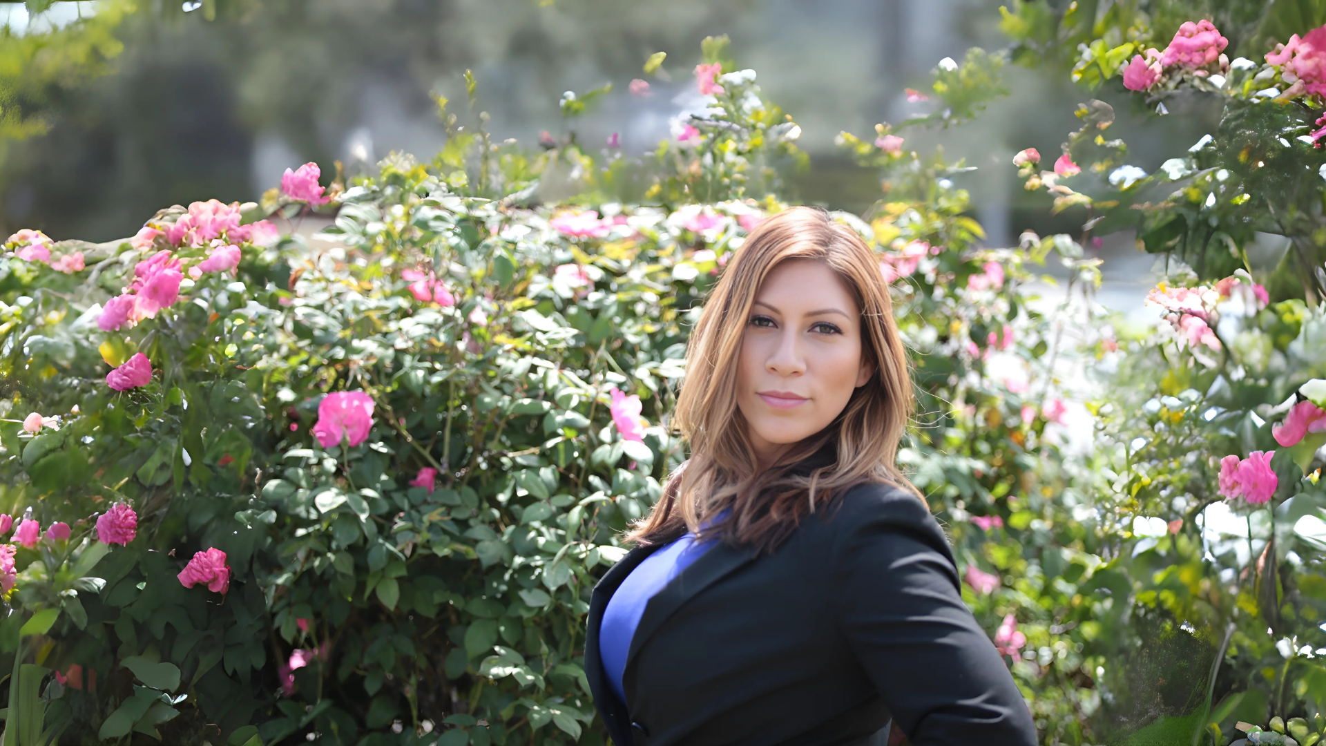 Woman in a dark blazer standing among pink roses in a garden