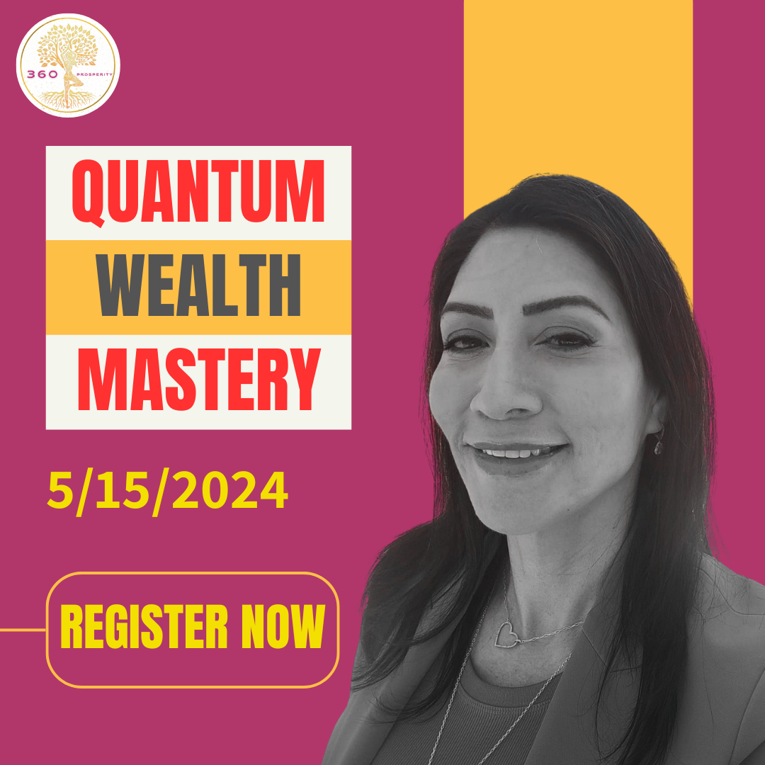 Flyer: Quantum Wealth Mastery, 5/15/2024, Register Now, with a photo of Maria Martinez