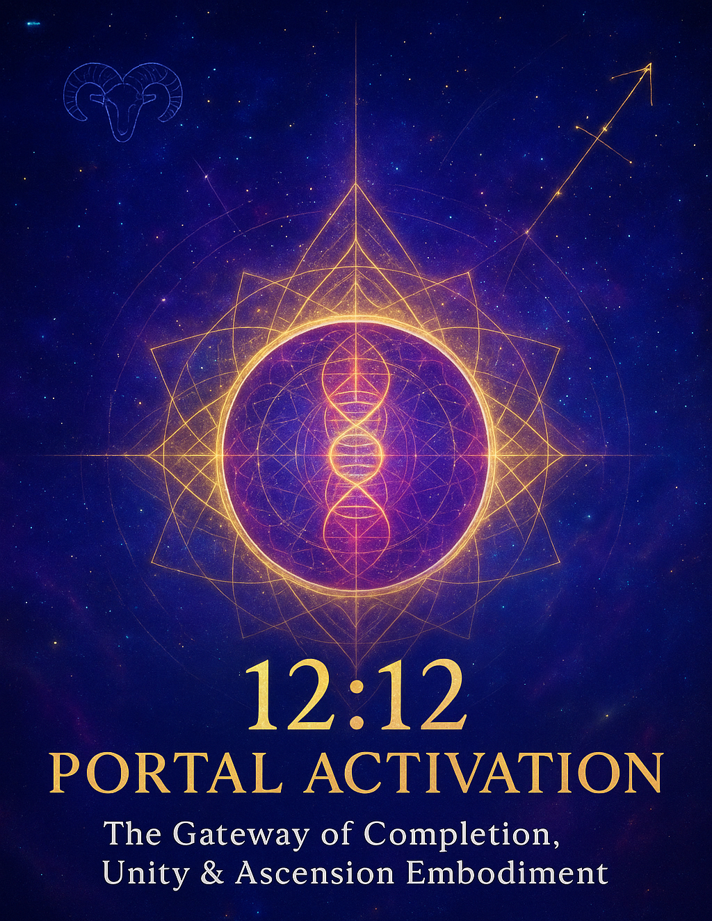 Flyer: 12:12 Portal Activation - The Gateway of Completion, Unity & Ascension Embodiment, with a golden sun and DNA helix on a starfield