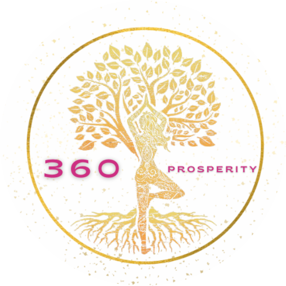 Round 360 Prosperity emblem: a gold tree of life with a standing figure in its trunk, roots below, and the words 360 PROSPERITY